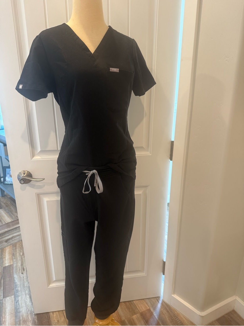 Figs Black V-Neck Scrub Top and Drawstring Pants Set